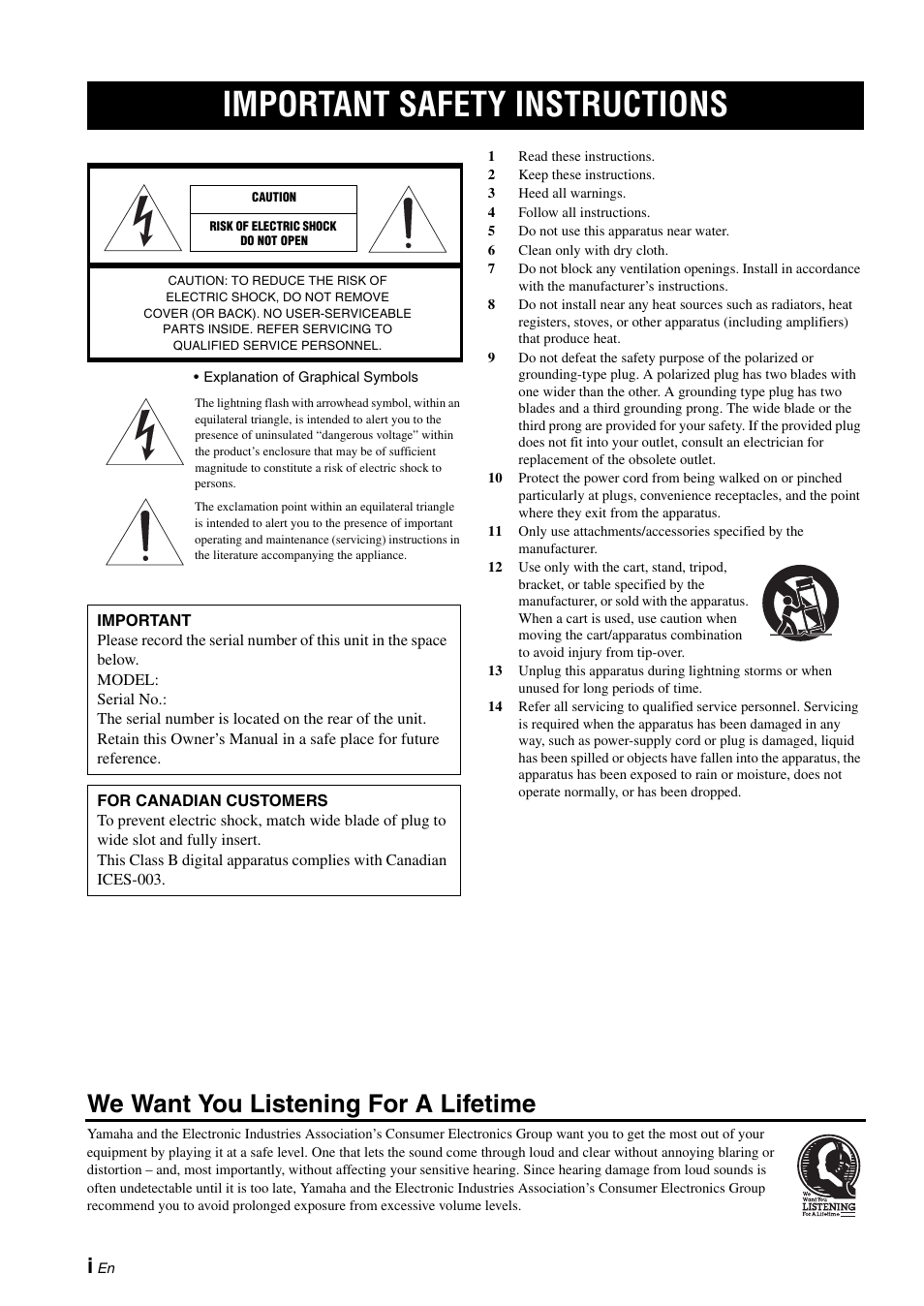 English, Important safety instructions, We want you listening for a lifetime | Yamaha CD-S2000 User Manual | Page 24 / 29