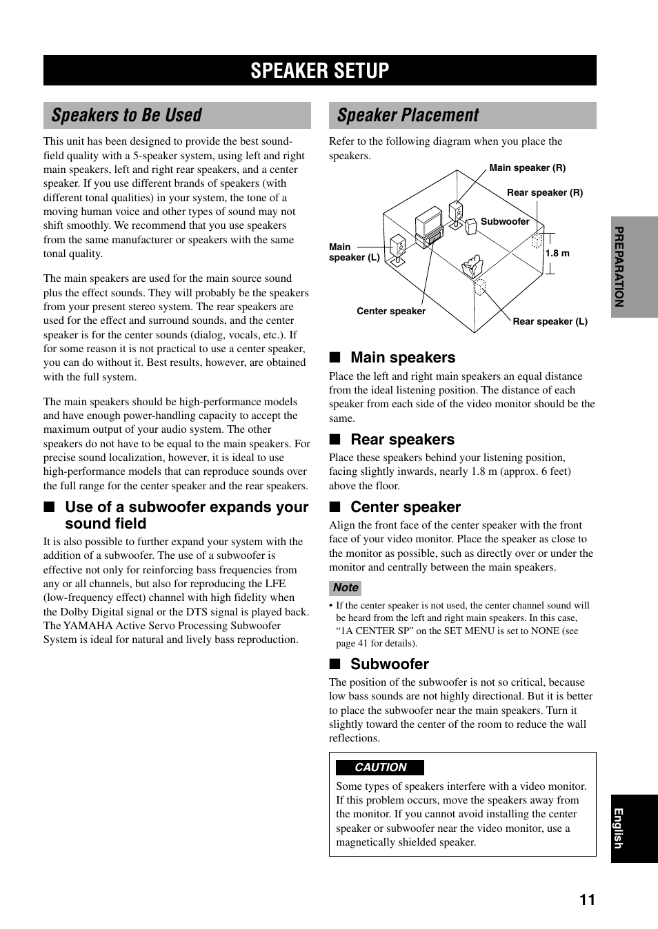 Preparation, Speaker setup, Speakers to be used | Speaker placement, Use of a subwoofer expands your sound field, Main speakers, Rear speakers, Center speaker, Subwoofer | Yamaha RX-V800RDS User Manual | Page 13 / 83