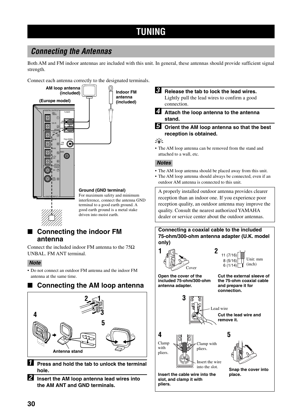 Tuning, Connecting the antennas, Connecting the indoor fm antenna | Connecting the am loop antenna | Yamaha RX-V800RDS User Manual | Page 32 / 83