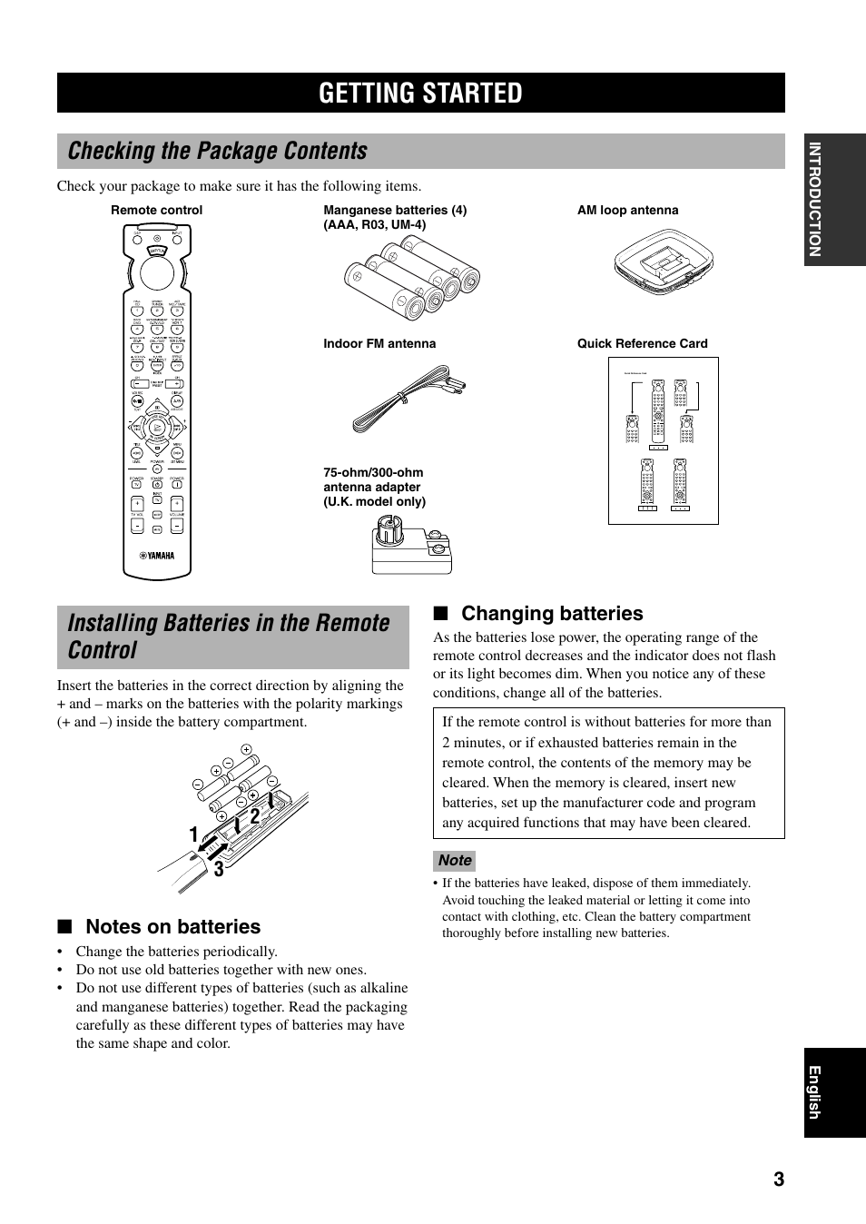 Getting started, Installing batteries in the remote control, Checking the package contents | Changing batteries | Yamaha RX-V800RDS User Manual | Page 5 / 83