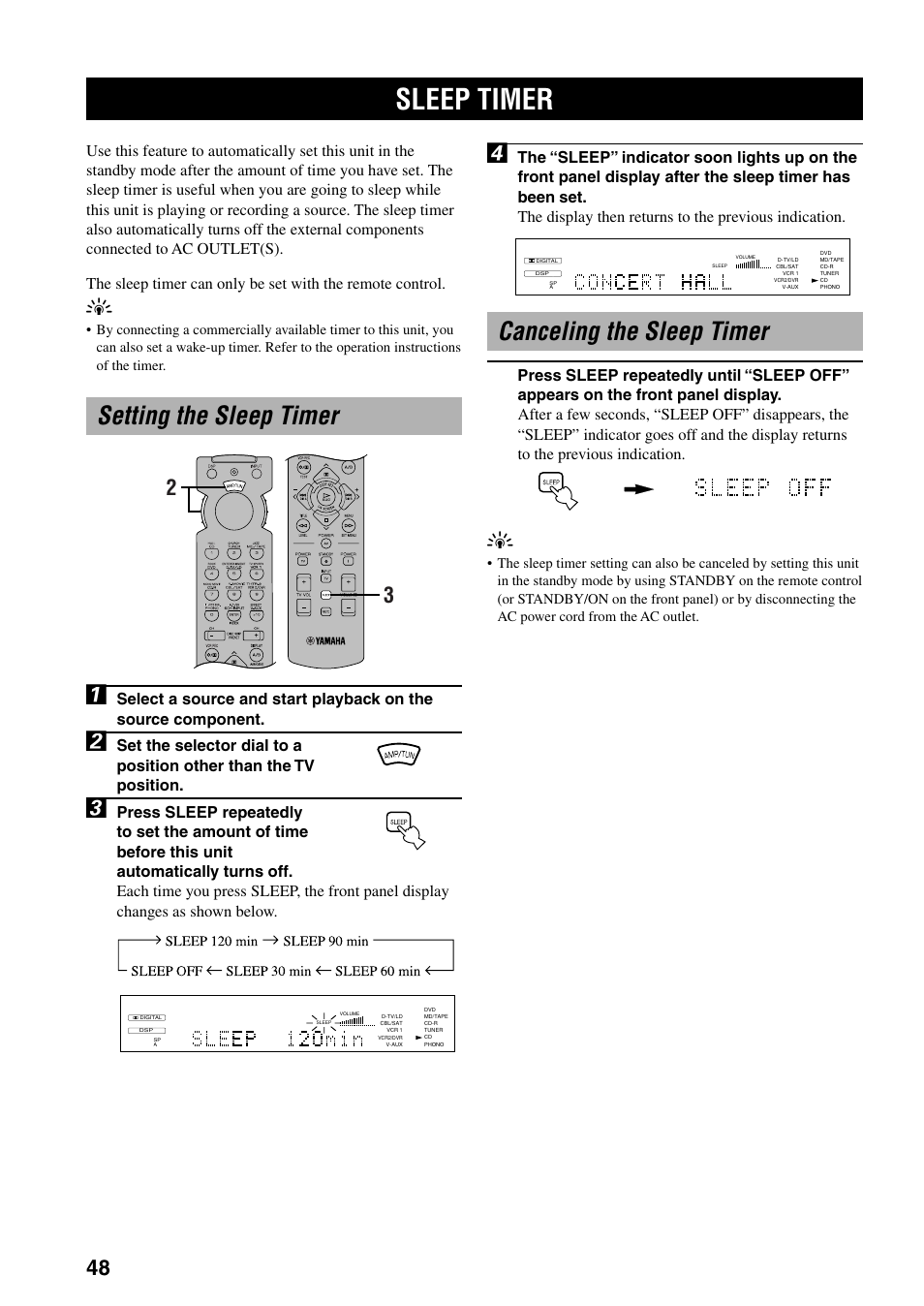 Sleep timer, Canceling the sleep timer, Setting the sleep timer | Yamaha RX-V800RDS User Manual | Page 50 / 83