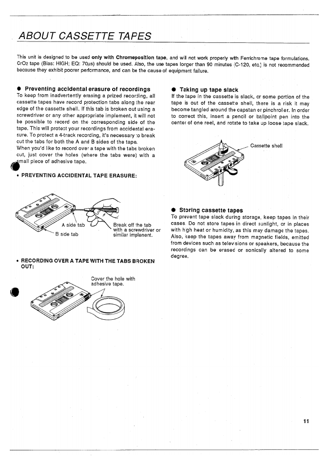 About cassette tapes, Preventing accidental erasure of recordings, Taking up tape slack | Storing cassette tapes | Yamaha MT120S User Manual | Page 13 / 81