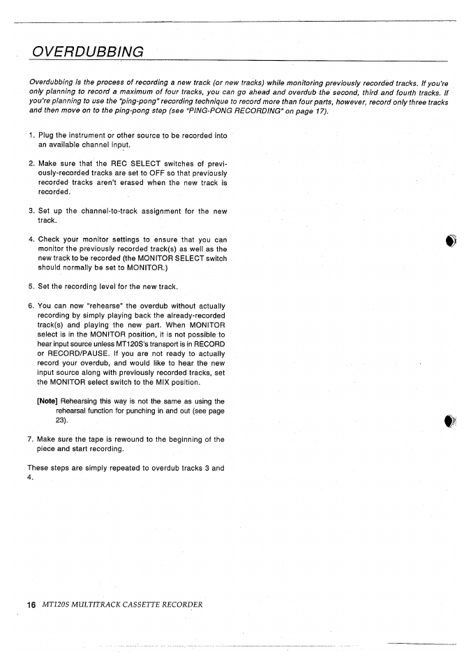 Overdubbing | Yamaha MT120S User Manual | Page 18 / 81