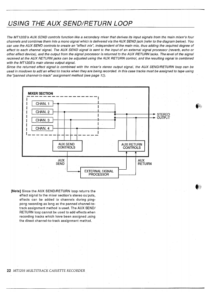 Using the aux send/return loop | Yamaha MT120S User Manual | Page 24 / 81