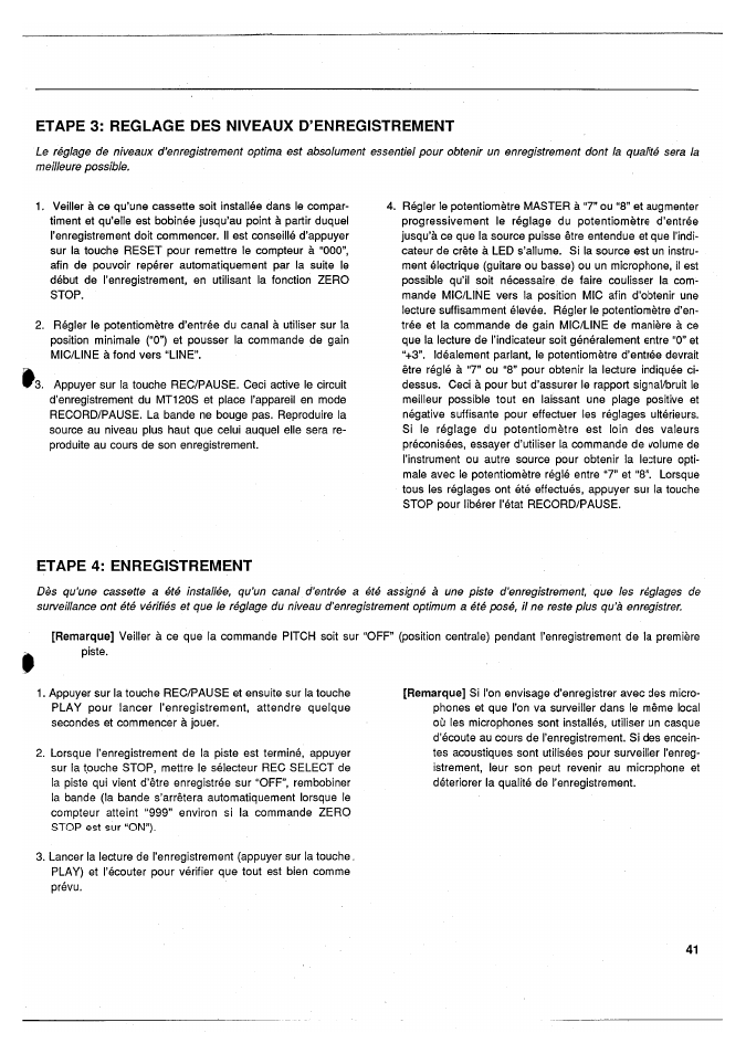 Etape 3: reglage des niveaux d’enregistrement, Etape 4: enregistrement | Yamaha MT120S User Manual | Page 42 / 81