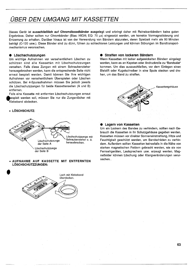 Über den umgang mit kassetten, Löschschutzzungen, Straffen von lockeren bändern | Lagern von kassetten | Yamaha MT120S User Manual | Page 63 / 81
