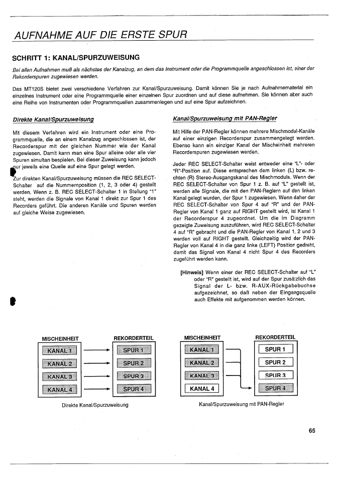 Aufnahme auf die erste spur, Schritt 1: kanal/spurzuweisung, Direkte kanal/spurzuweisung | Kanal/spurzuweisung mit pan-regler | Yamaha MT120S User Manual | Page 65 / 81