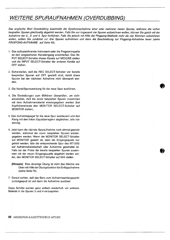 Weitere spuraufnahmen (overdubbing) | Yamaha MT120S User Manual | Page 68 / 81