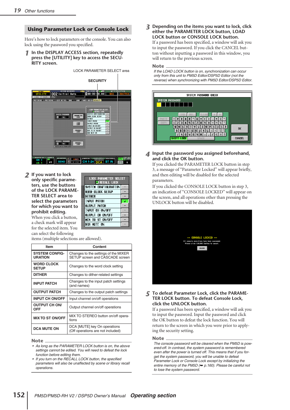 Using parameter lock or console lock | Yamaha DSP5D User Manual | Page 152 / 409