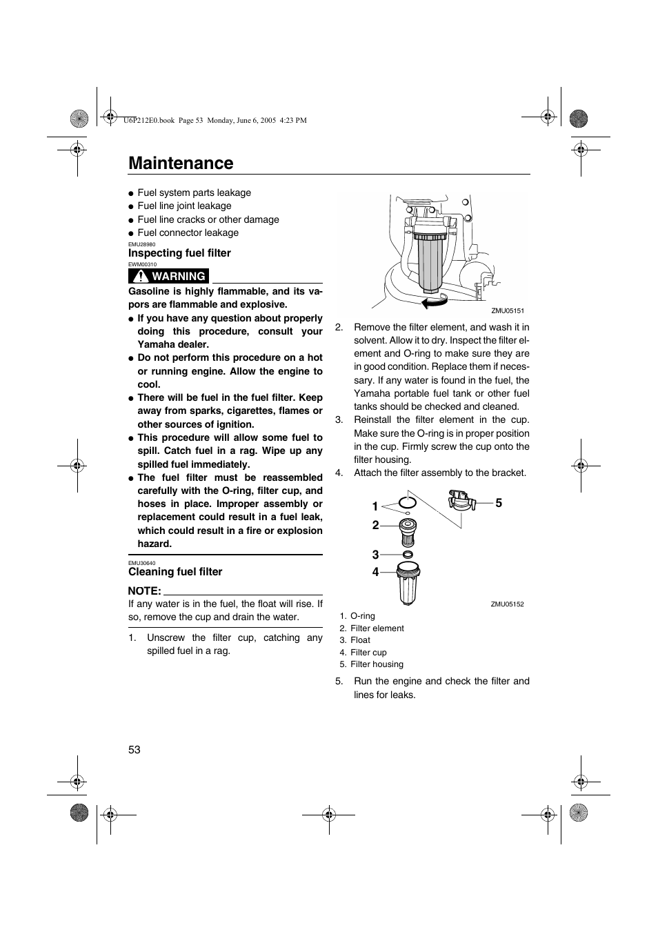 Inspecting fuel filter cleaning fuel filter, Maintenance | Yamaha F250 LF250 User Manual | Page 59 / 83