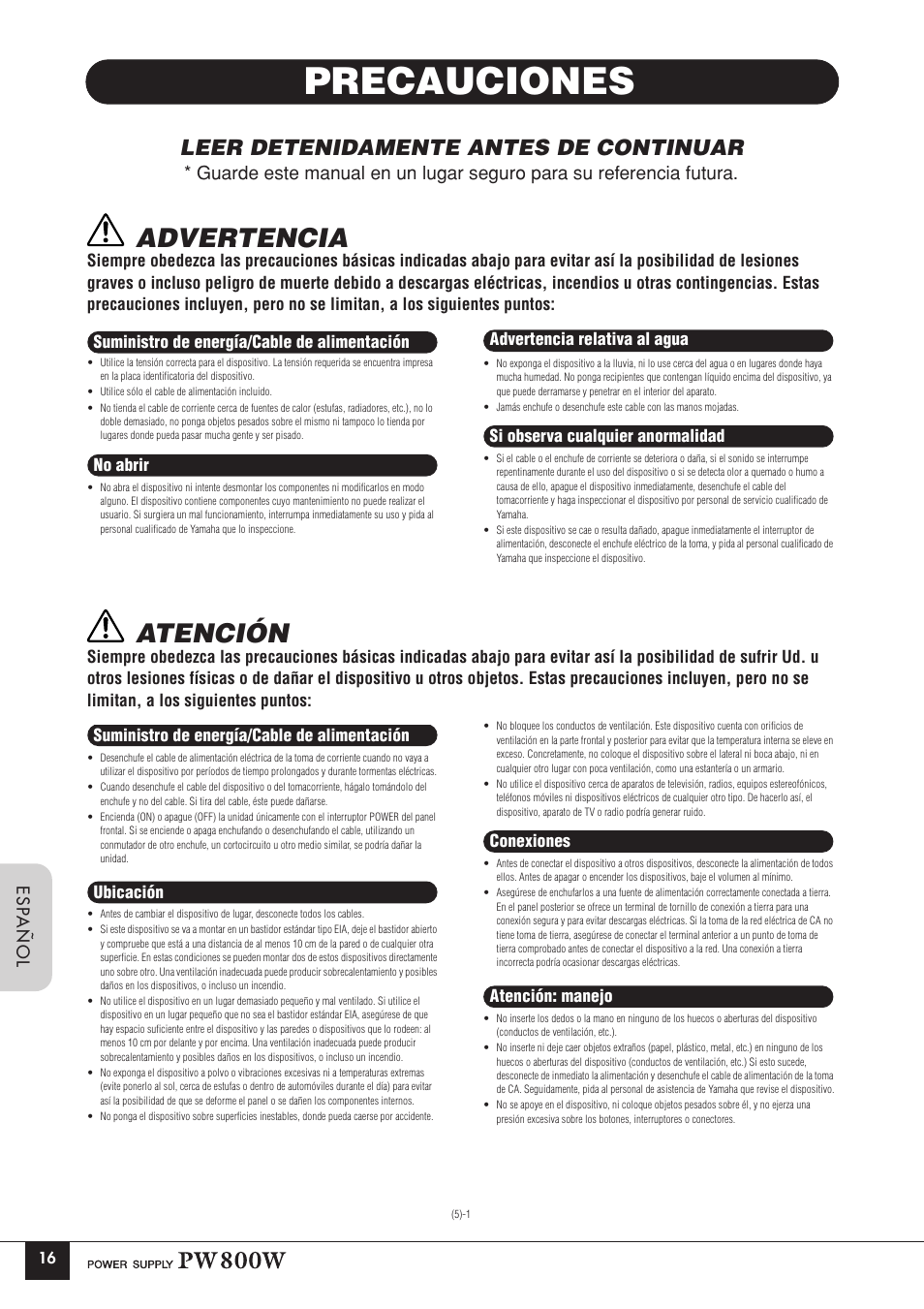 Precauciones, Advertencia, Atención | Leer detenidamente antes de continuar | Yamaha PW800W User Manual | Page 4 / 10