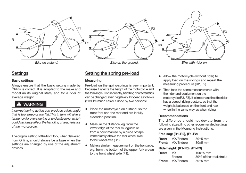Settings, Setting the spring pre-load, Warning | Yamaha wr450f User Manual | Page 4 / 20