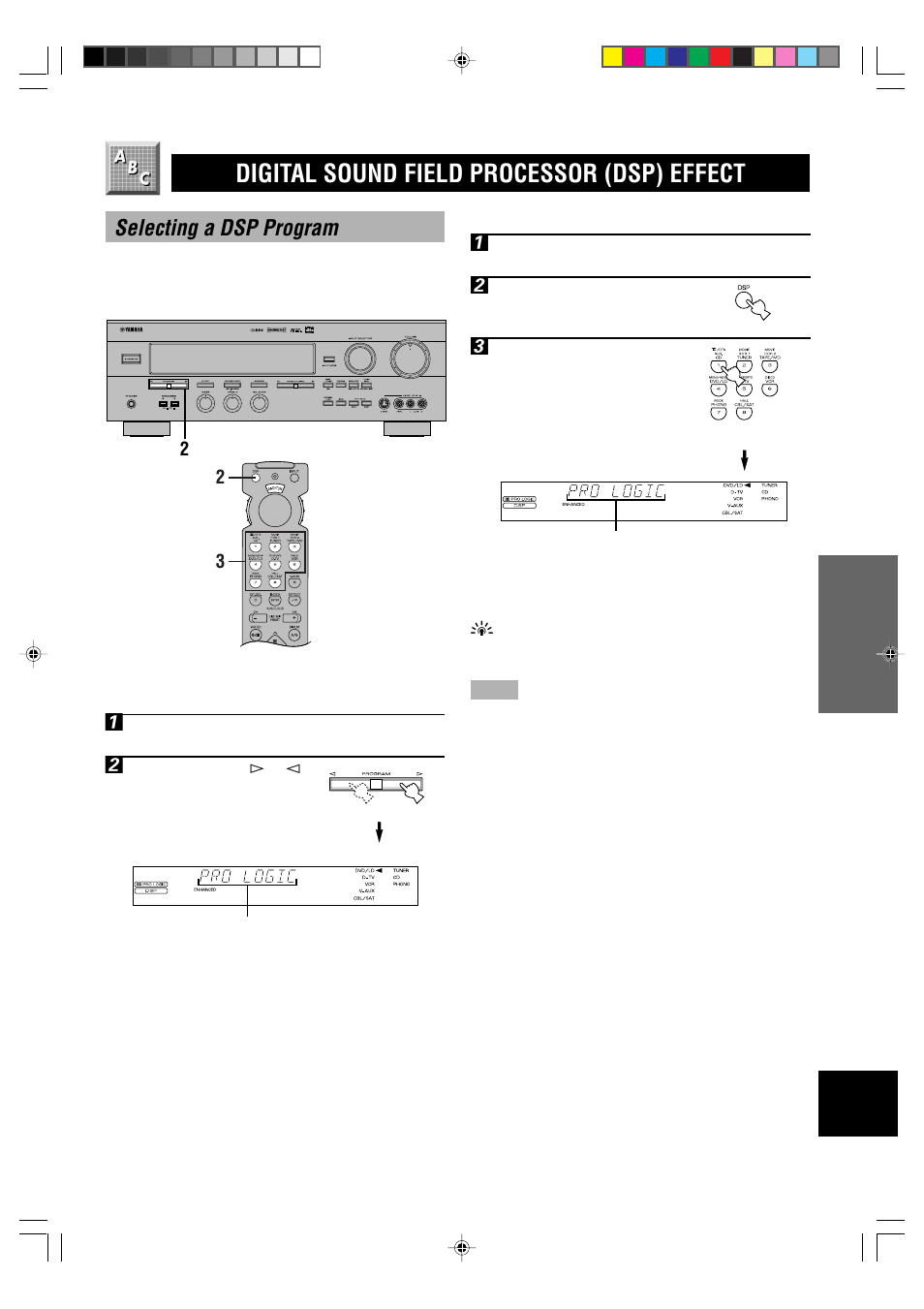 Digital sound field processor (dsp) effect, Selecting a dsp program, On the remote control | On the front panel | Yamaha RX-V596RDS User Manual | Page 27 / 70