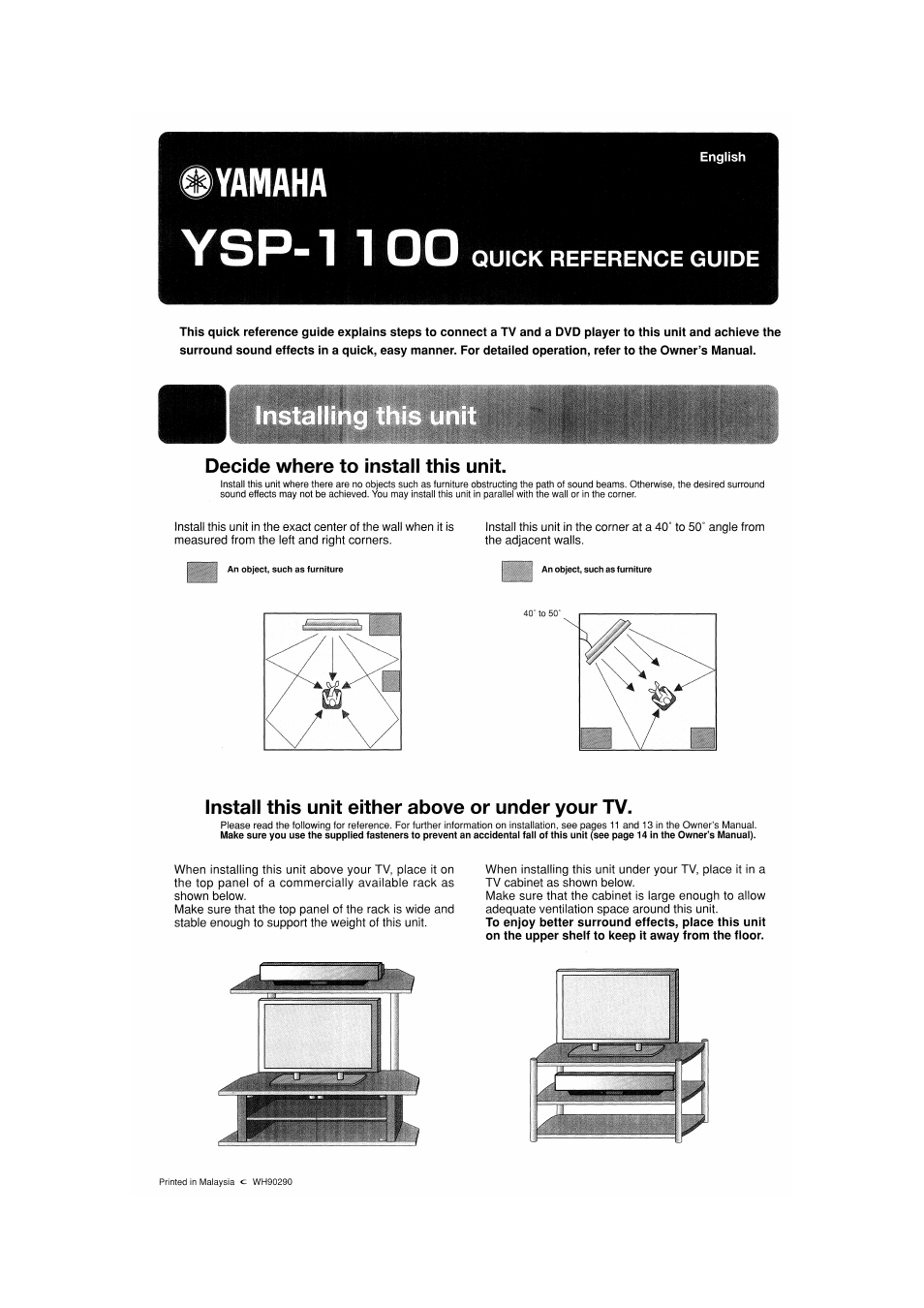 Ysp-noo, Quick reference guide, Decide where to install this unit | Install this unit either above or under your tv | Yamaha YSP-1100 User Manual | Page 101 / 104