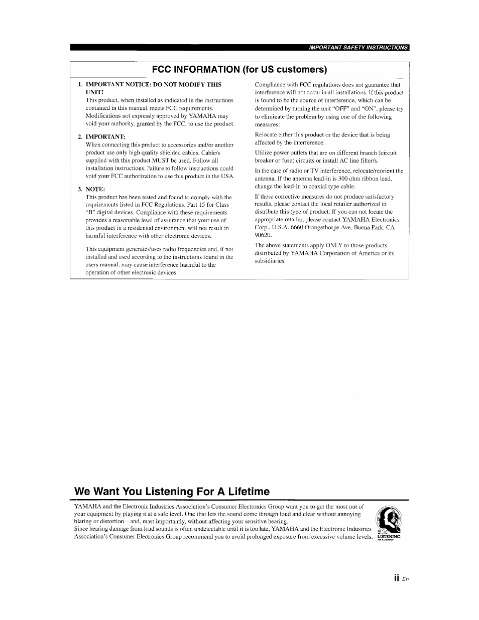 Fcc information (for us customers), We want you listening for a lifetime | Yamaha YSP-1100 User Manual | Page 3 / 104