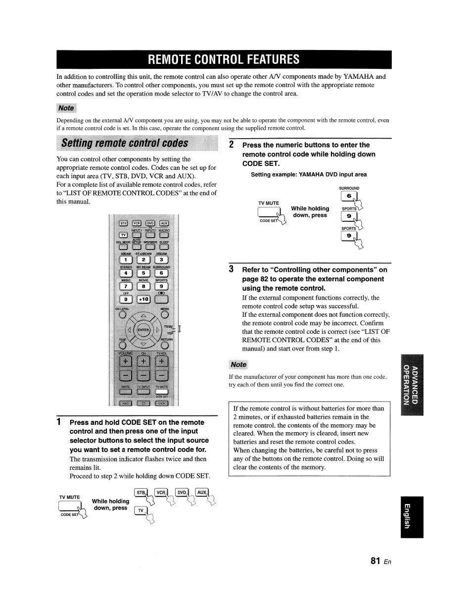 Remote control features, Setting remote control codes | Yamaha YSP-1100 User Manual | Page 85 / 104