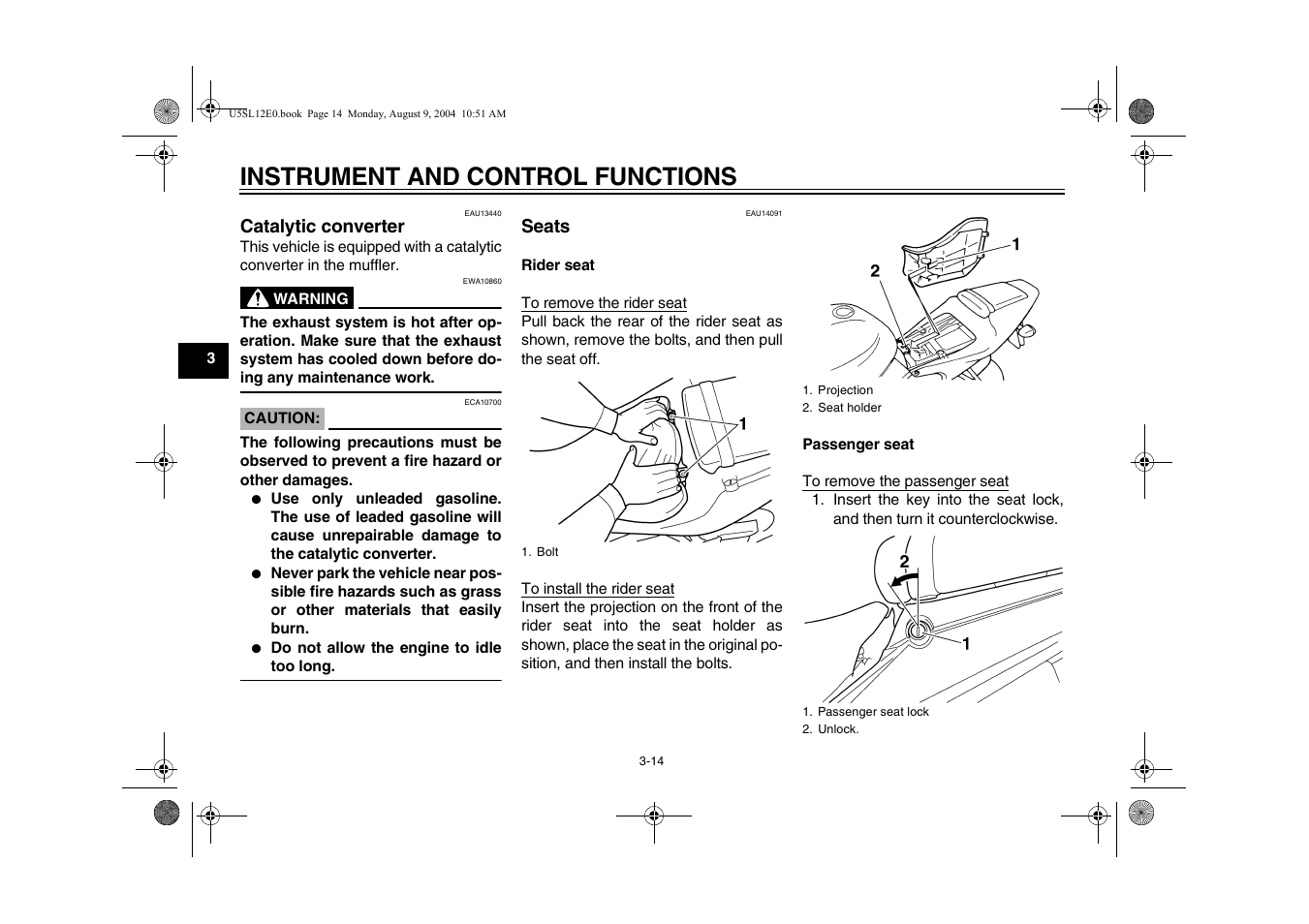 Catalytic converter -14 seats -14, Instrument and control functions | Yamaha YZF-R6T(C) User Manual | Page 32 / 111