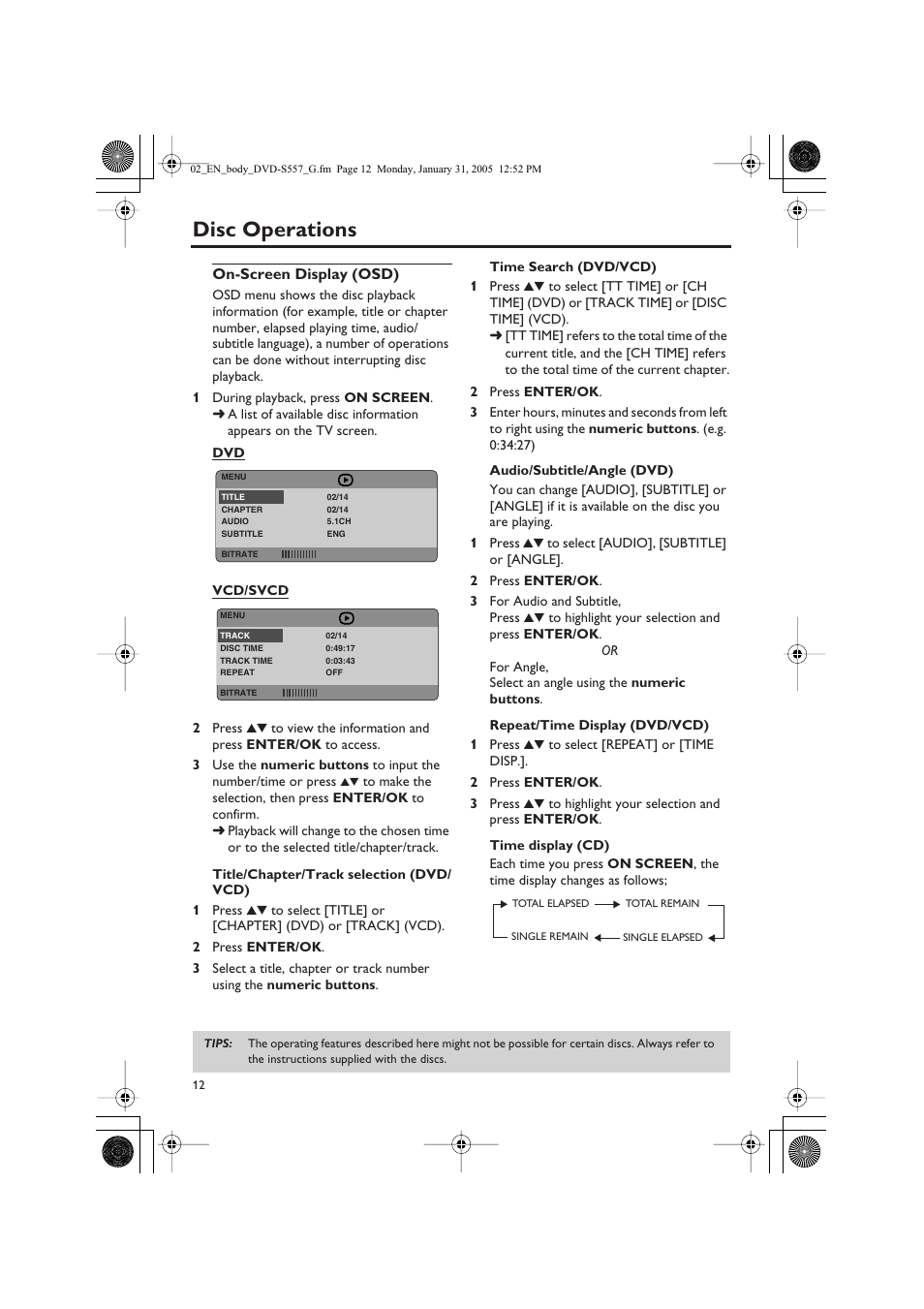 Disc operations, On-screen display (osd) | Yamaha DVD-S557 User Manual | Page 14 / 33