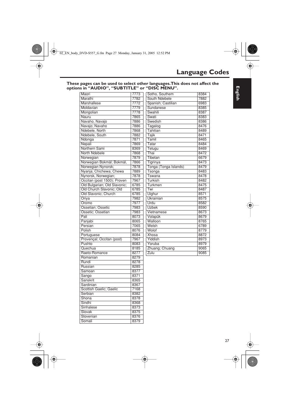 Language codes | Yamaha DVD-S557 User Manual | Page 29 / 33