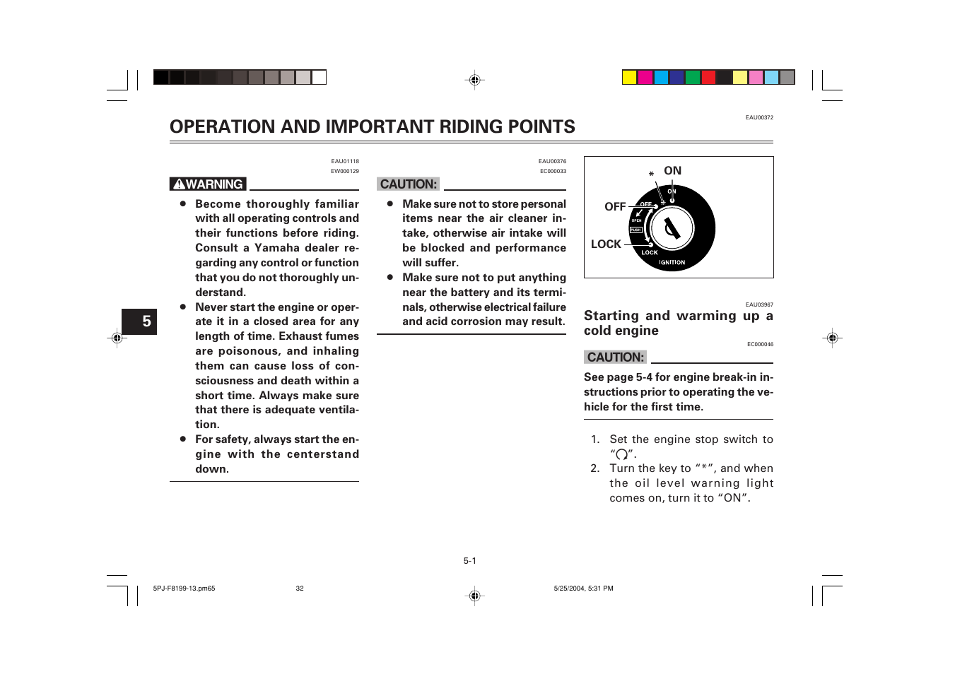 Starting and warming up a cold engine, Operation and important riding points | Yamaha YW50T User Manual | Page 33 / 77