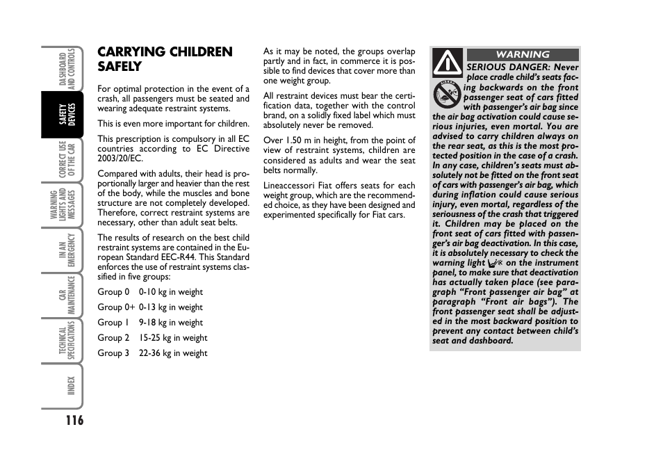 Carrying children safely | FIAT Stilo User Manual | Page 117 / 274