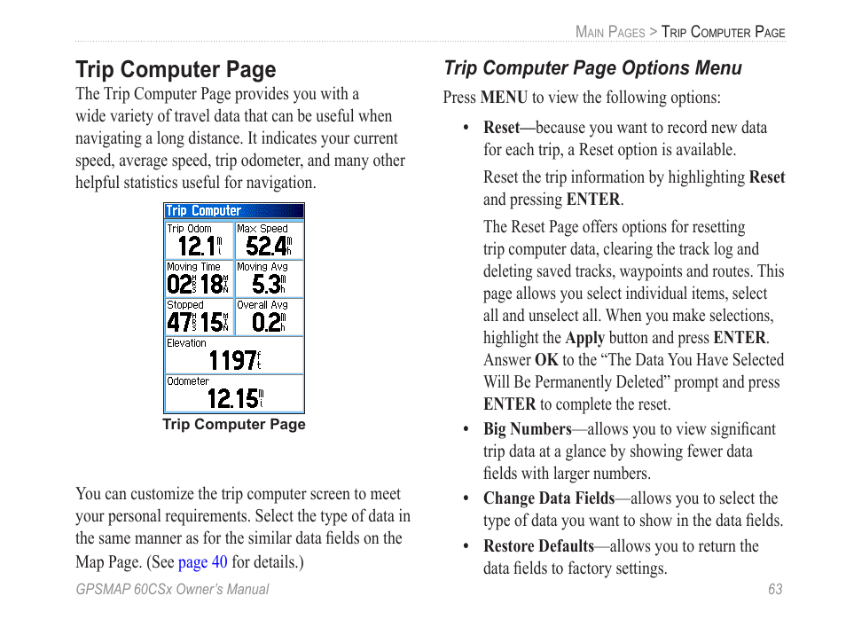 Trip computer page | Garmin GPSMAP 60CSx User Manual | Page 73 / 116