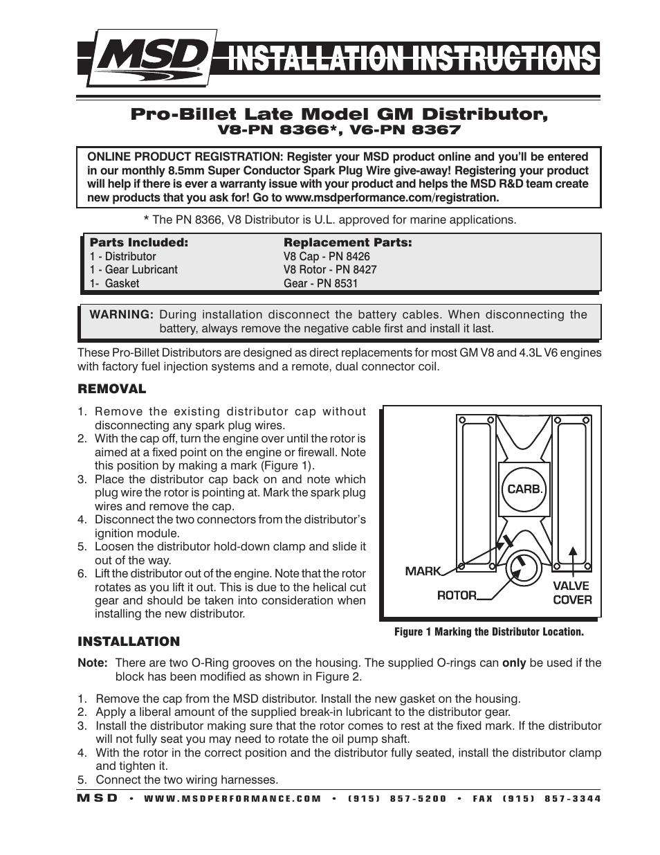 MSD 8366 GM Late Model HEI V8 Ext Coil Distributor Installation User Manual | 2 pages