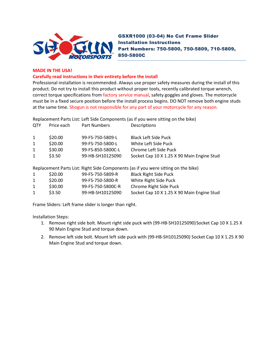 Shogun Motorsports Suzuki GSXR1000 (03-04) No Cut Frame Slider User Manual | 2 pages