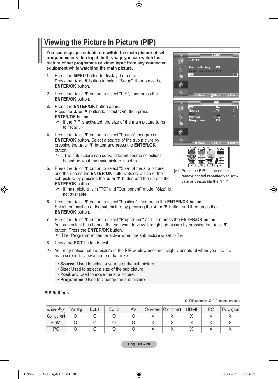 Viewing the picture in picture (pip) | Samsung LE32R8 User Manual | Page 22 / 559