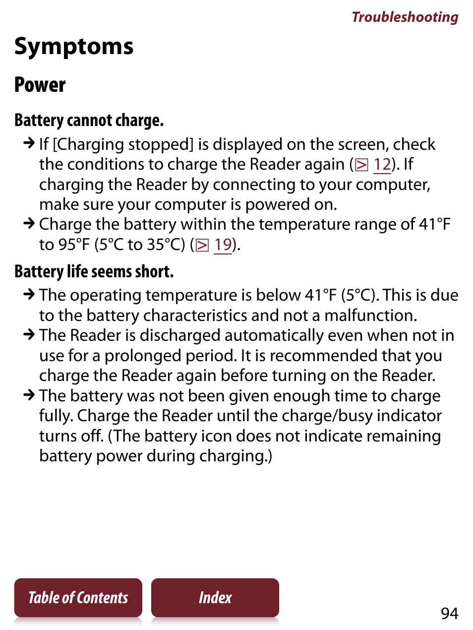 Symptoms, Power | Sony PRS-350 User Manual | Page 94 / 131