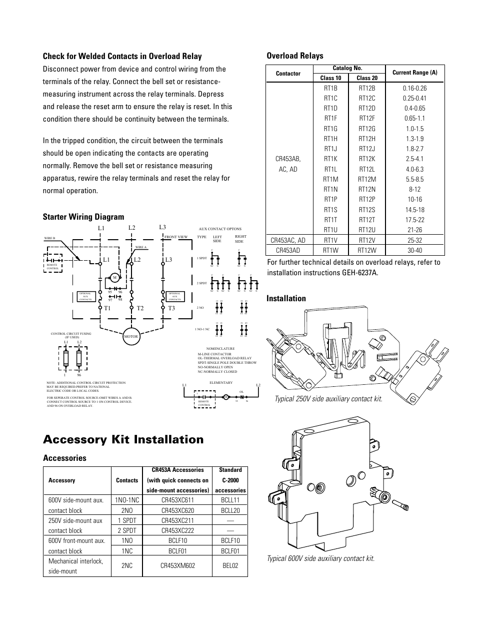Accessory kit installation, Overload relays, Starter wiring diagram installation | GE Industrial Solutions CR454A Series Starters User Manual | Page 3 / 4