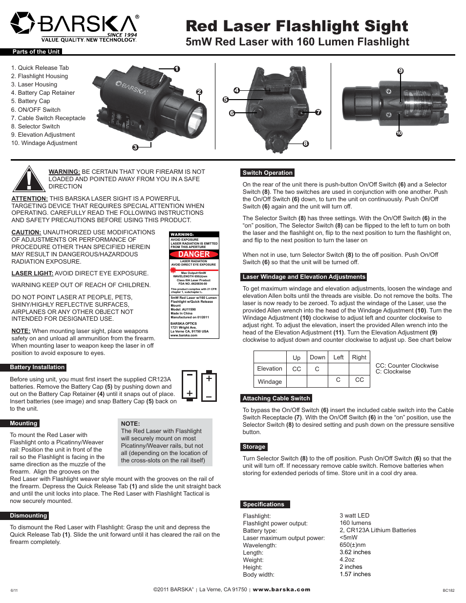 BARSKA AU11590 Red Laser w/160 Lumen Flashlight User Manual | 1 page