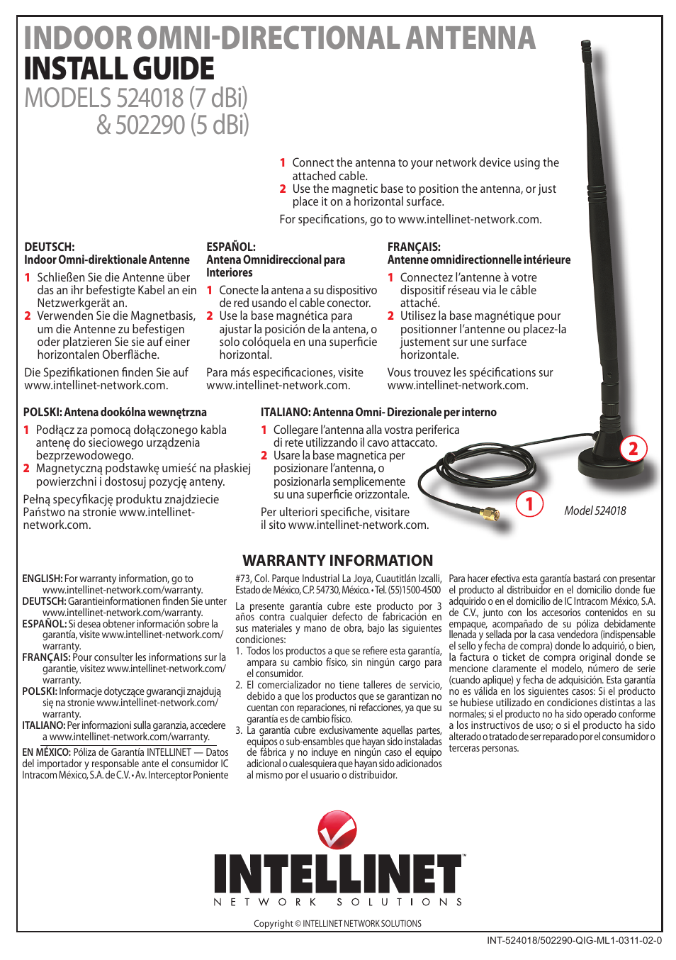 INTELLINET NETWORK 524018 Indoor Omni-Directional Antenna User Manual | 1 page