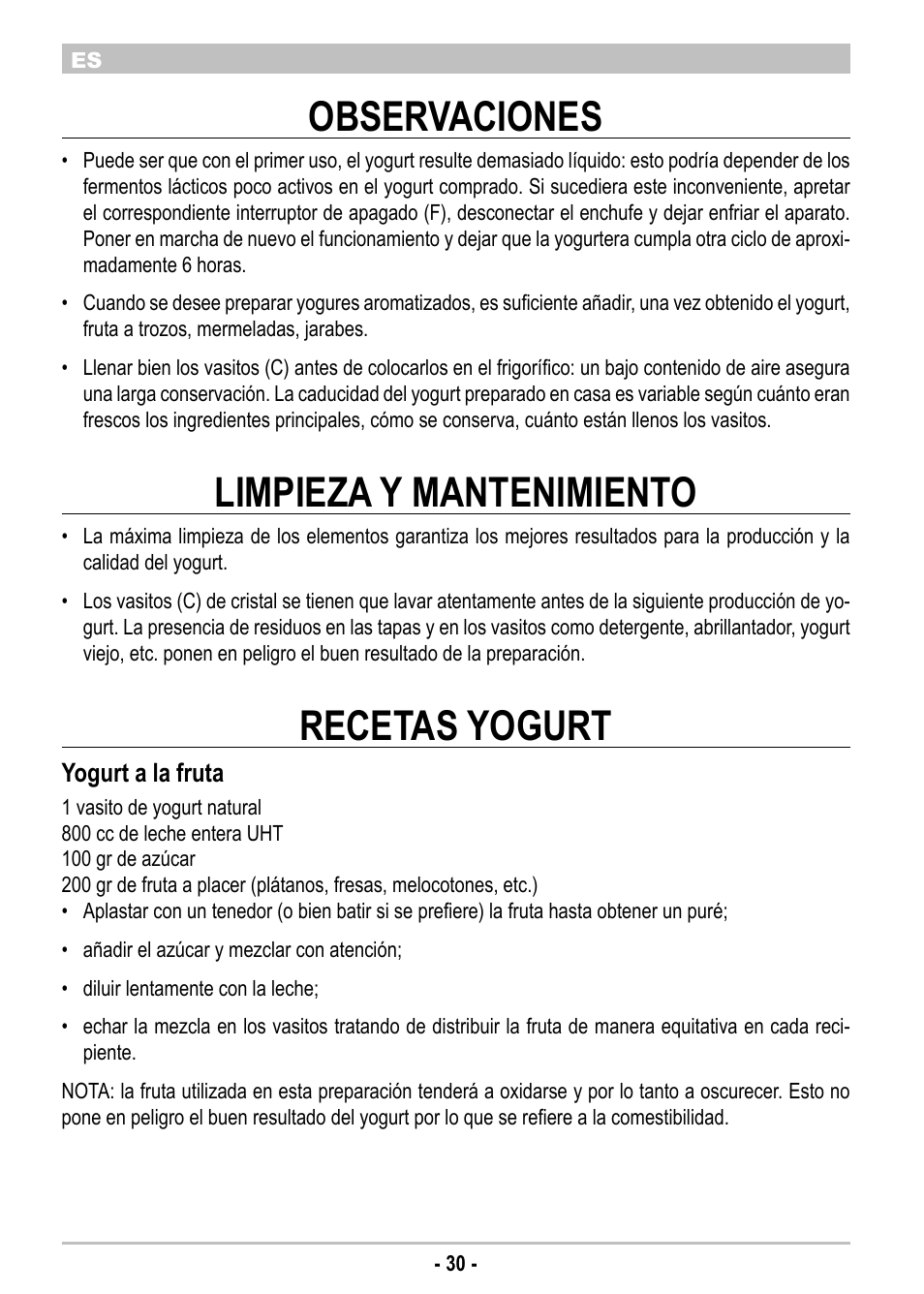 Observaciones, Limpieza y mantenimiento, Recetas yogurt | ARIETE Yogurella Metal 620 User Manual | Page 32 / 62