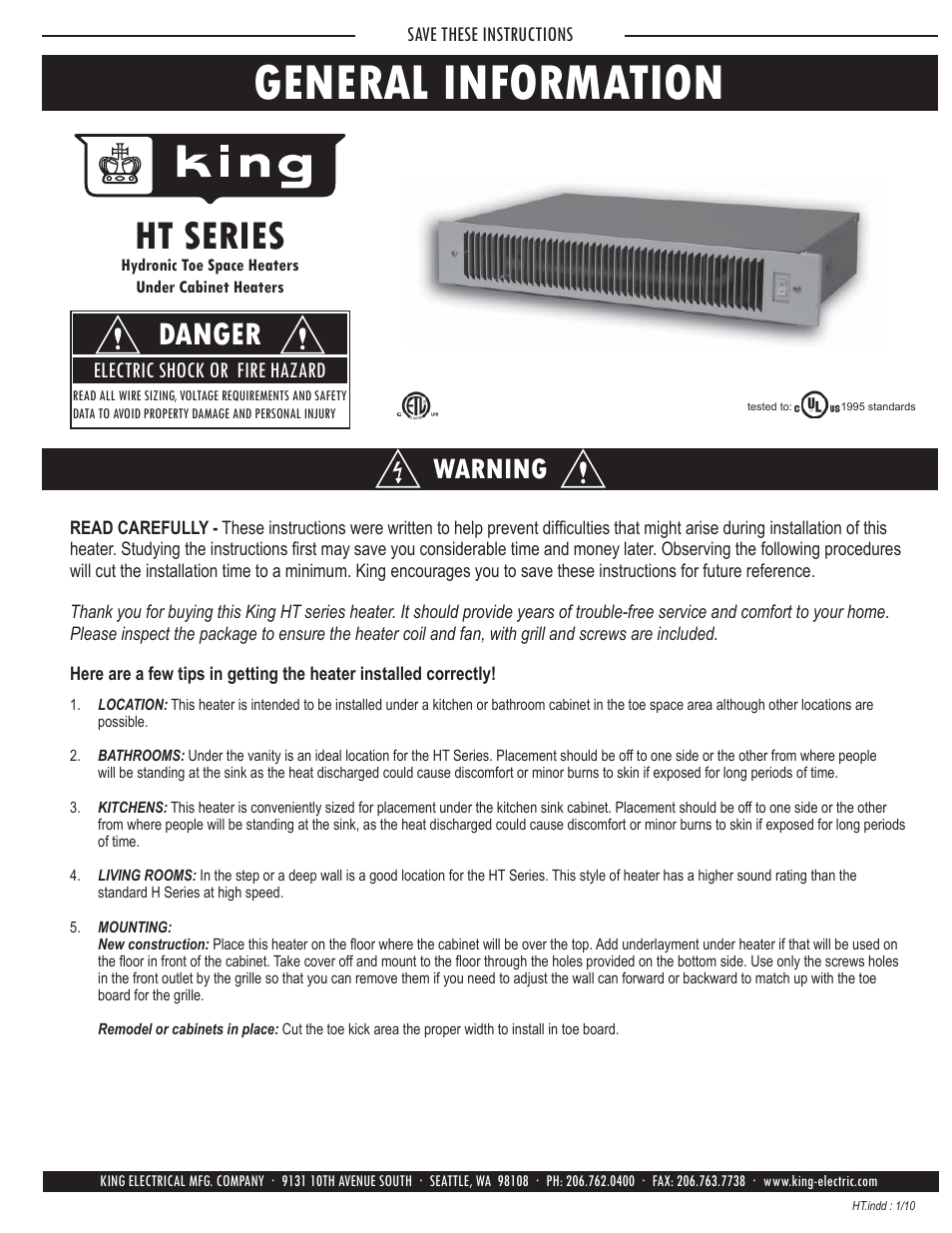 King Electric Model HT User Manual | 4 pages
