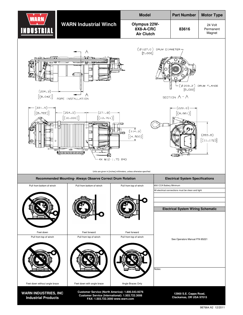Warn industrial winch | WARN OLYMPUS 22 22W-8X8-A-CRC User Manual | Page 2 / 2