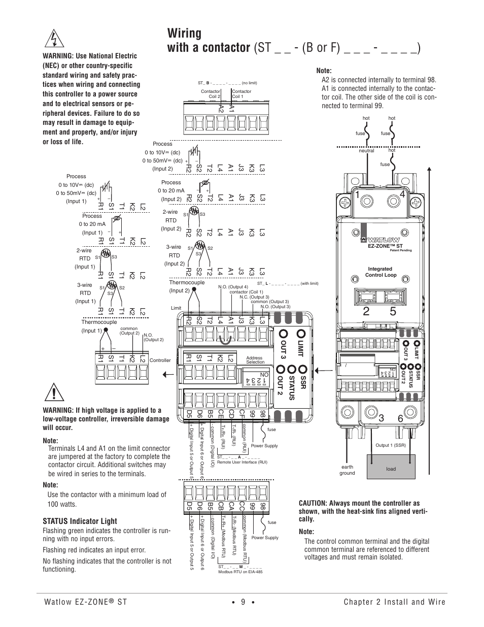 Wiring, Watlow ez-zone, Chapter 2 install and wire | Status indicator light | Watlow EZ-ZONE ST User Manual | Page 11 / 97