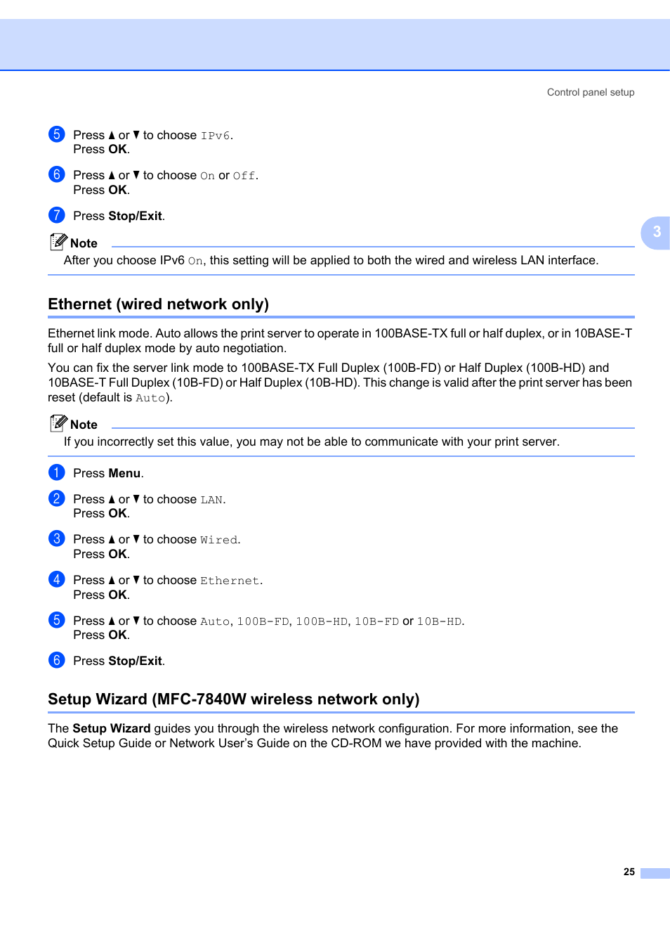 Ethernet (wired network only), Setup wizard (mfc-7840w wireless network only) | Brother MFC 7840W User Manual | Page 32 / 67