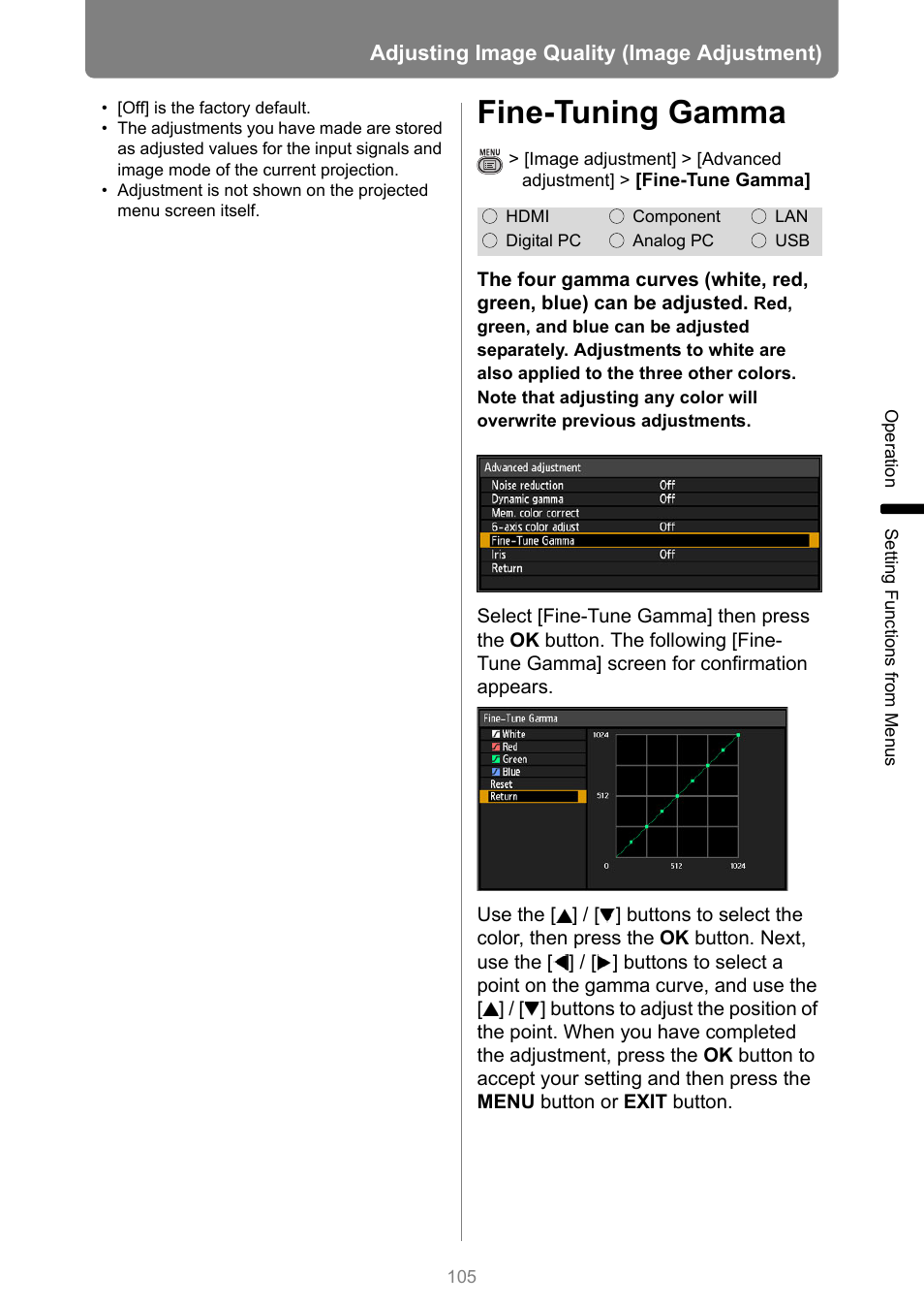 Fine-tuning gamma, P105 | Canon XEED WUX450 User Manual | Page 105 / 314