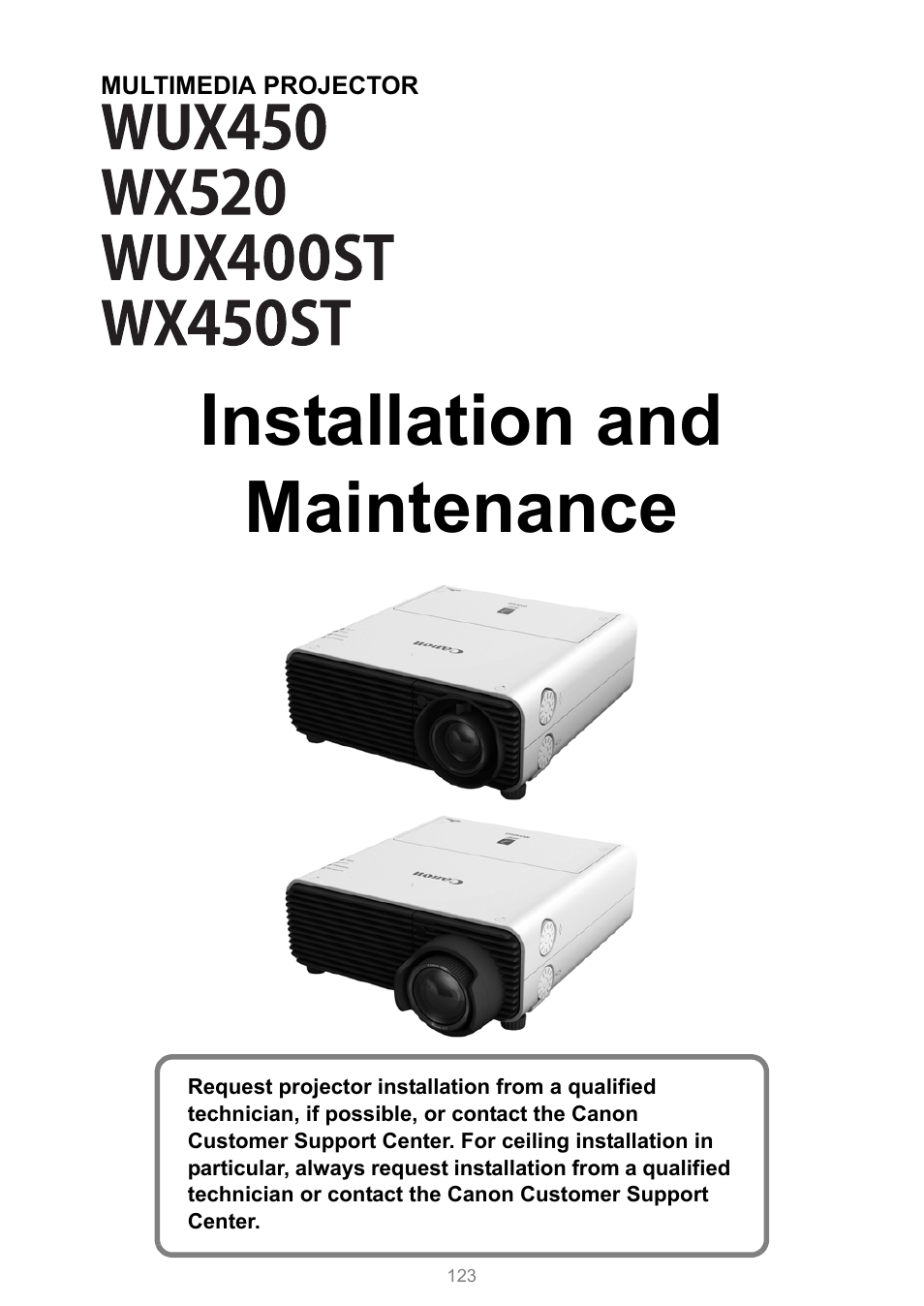 Installation and maintenance” se, P123, Installation and maintenance | Canon XEED WUX450 User Manual | Page 123 / 314