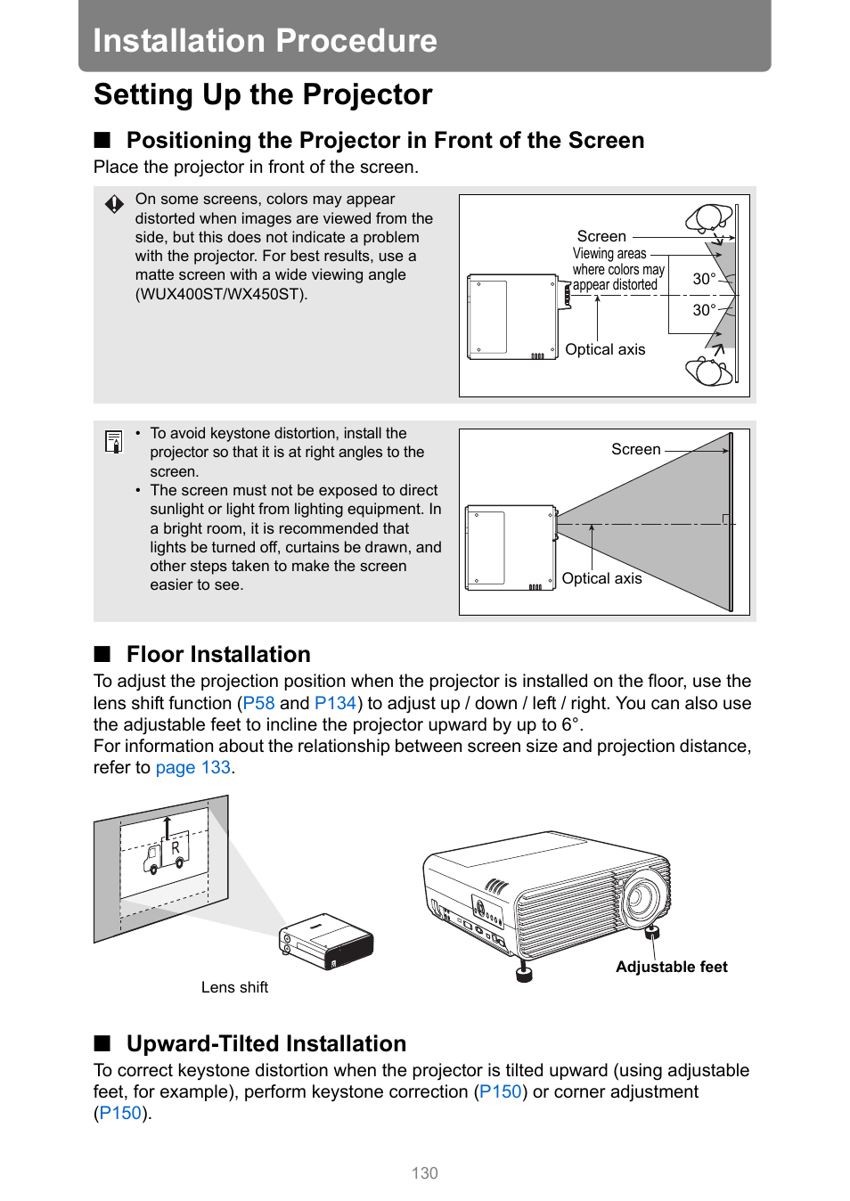 Installation procedure, Setting up the projector, Positioning the projector in front of the screen | Floor installation, Upward-tilted installation, P130, Adjustable feet | Canon XEED WUX450 User Manual | Page 130 / 314