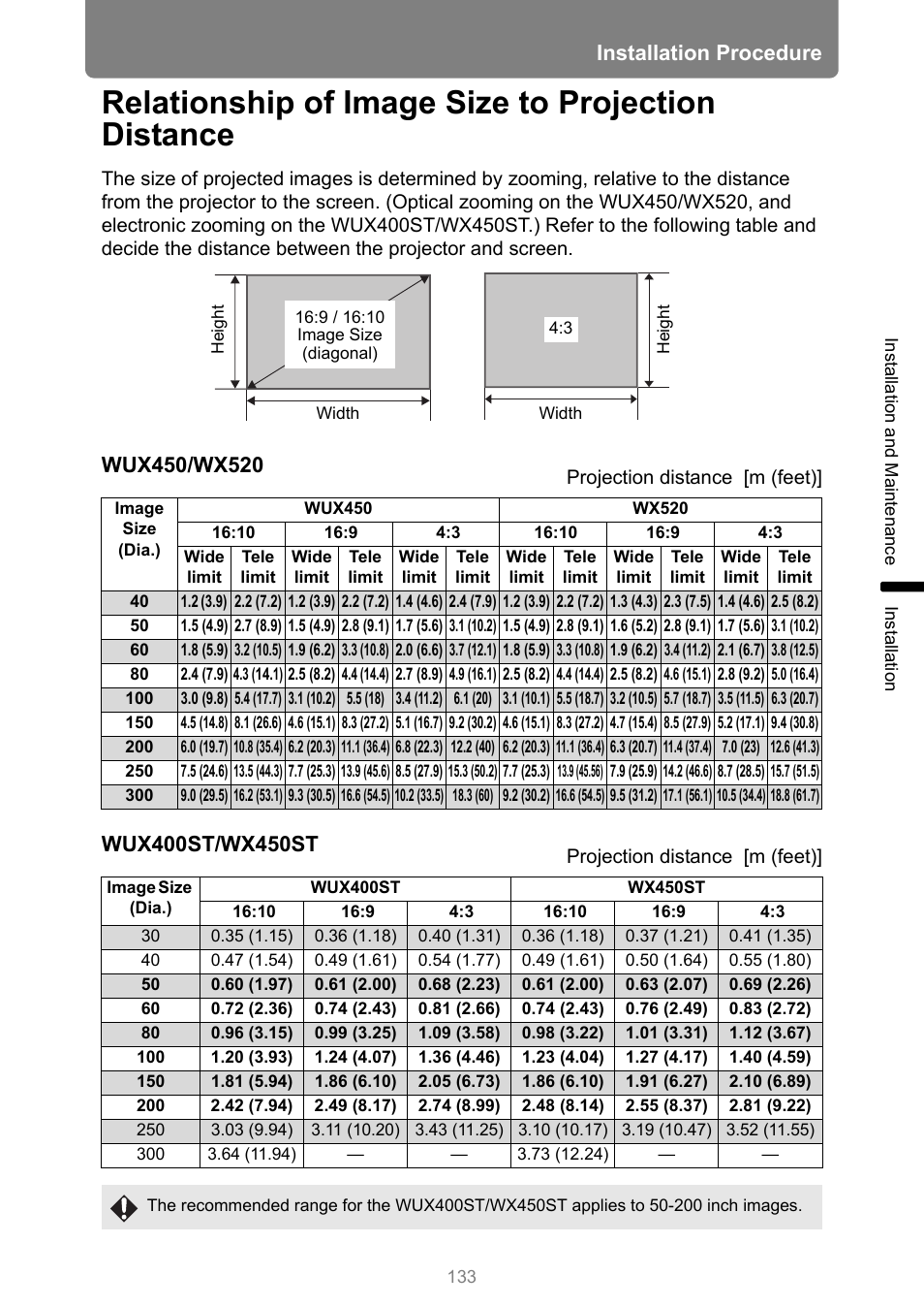 Relationship of image size to projection distance, Installation procedure | Canon XEED WUX450 User Manual | Page 133 / 314