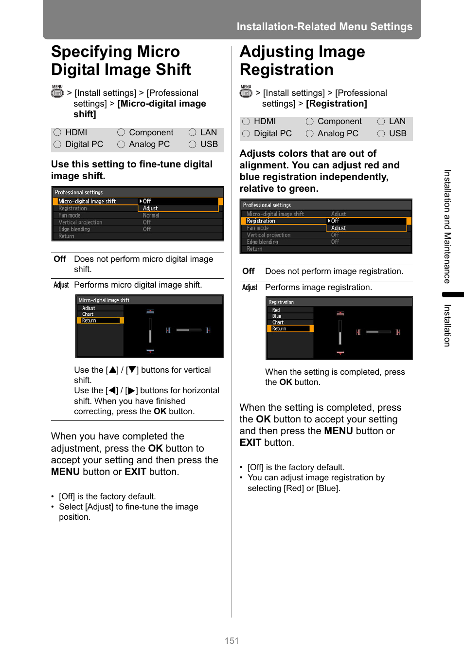 Specifying micro digital image shift, Adjusting image registration | Canon XEED WUX450 User Manual | Page 151 / 314