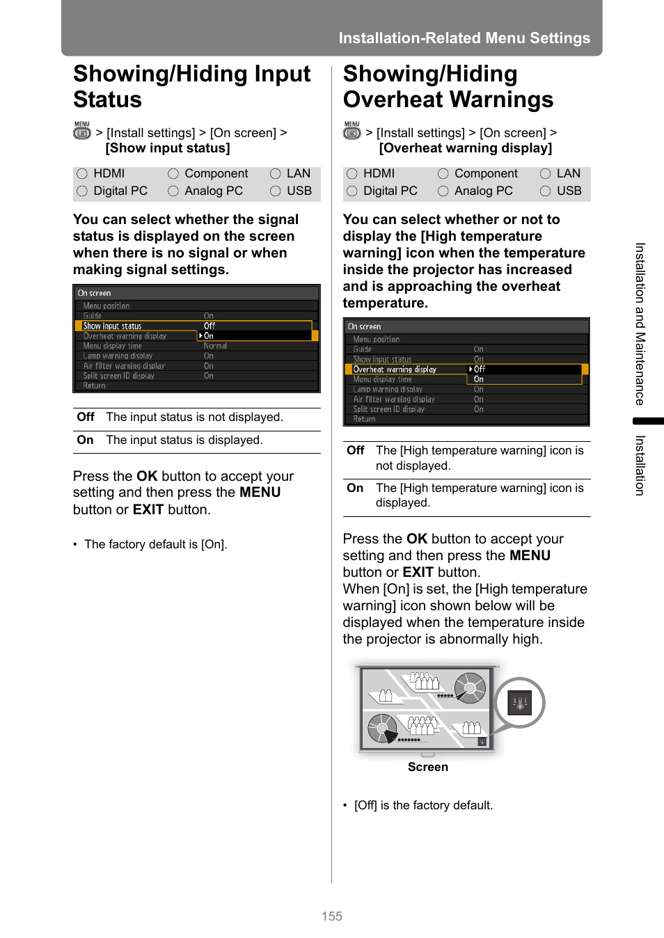 Showing/hiding input status, Showing/hiding overheat warnings | Canon XEED WUX450 User Manual | Page 155 / 314