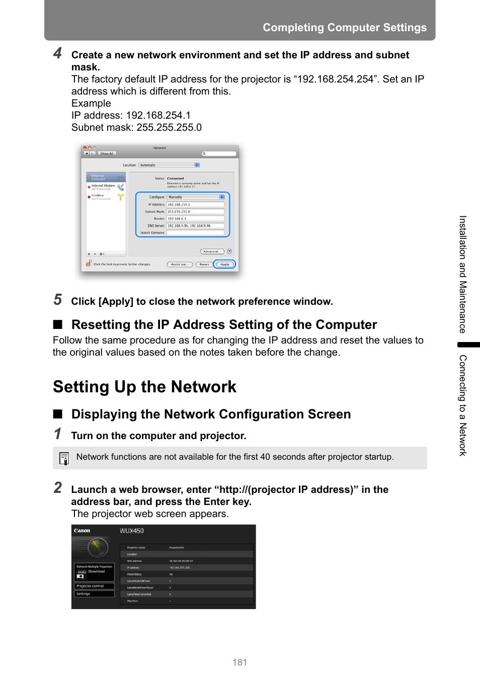 Resetting the ip address setting of the computer, Setting up the network, Displaying the network configuration screen | Canon XEED WUX450 User Manual | Page 181 / 314