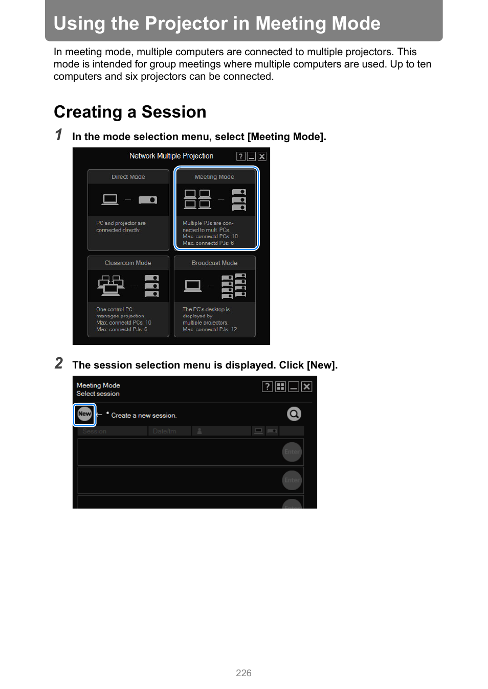 Using the projector in meeting mode, Creating a session | Canon XEED WUX450 User Manual | Page 226 / 314