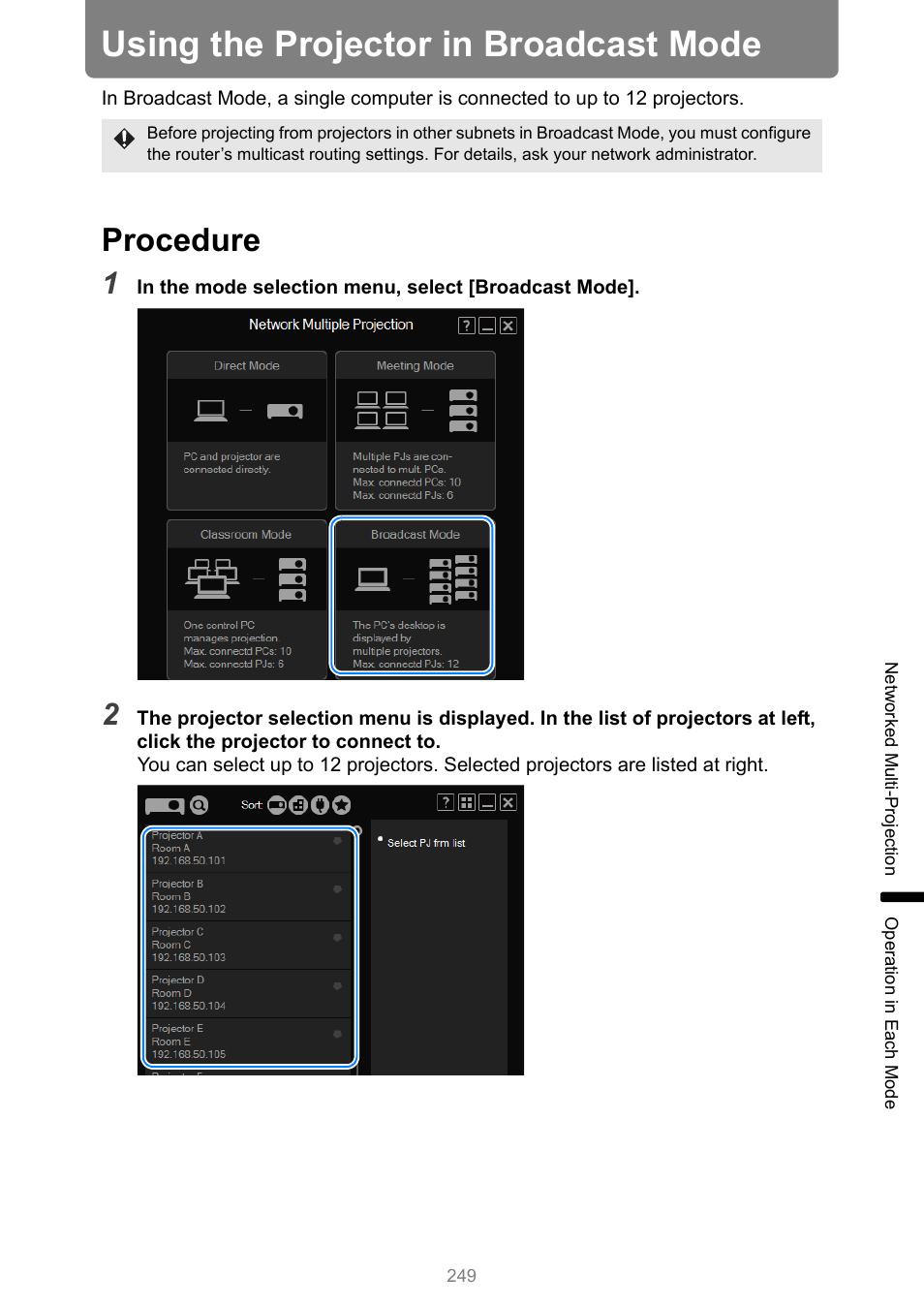 Using the projector in broadcast mode, Procedure | Canon XEED WUX450 User Manual | Page 249 / 314