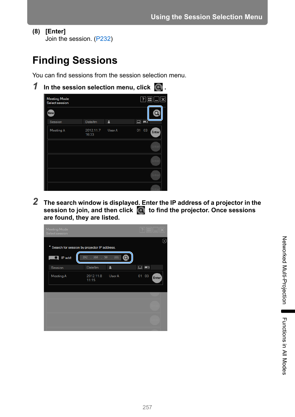 Finding sessions | Canon XEED WUX450 User Manual | Page 257 / 314