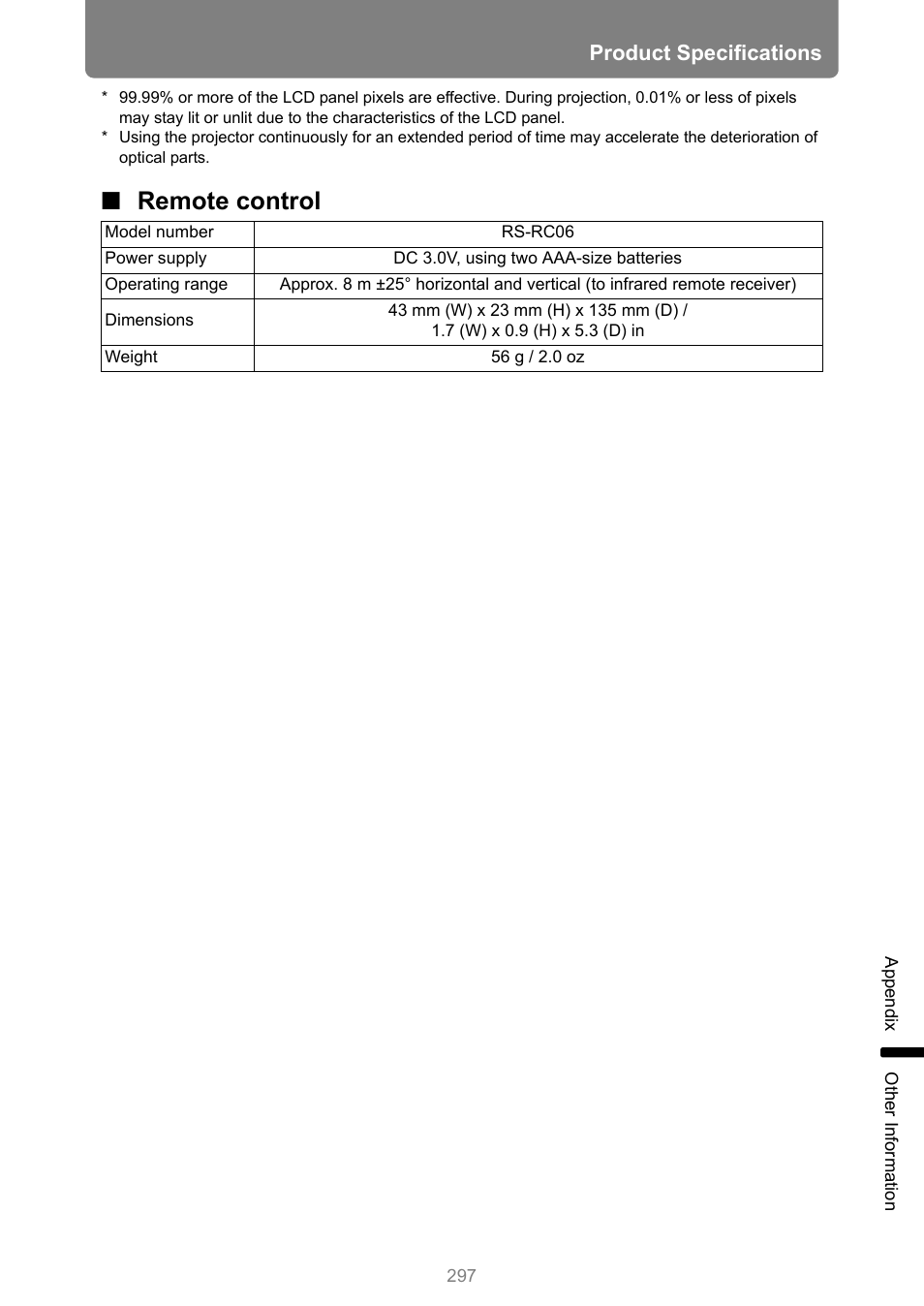 Remote control, Product specifications | Canon XEED WUX450 User Manual | Page 297 / 314