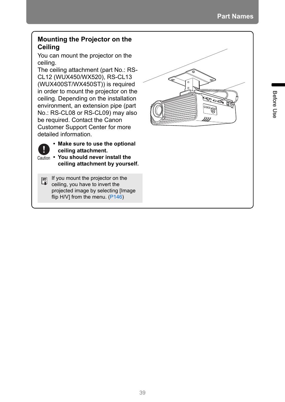 Part names, Mounting the projector on the ceiling | Canon XEED WUX450 User Manual | Page 39 / 314
